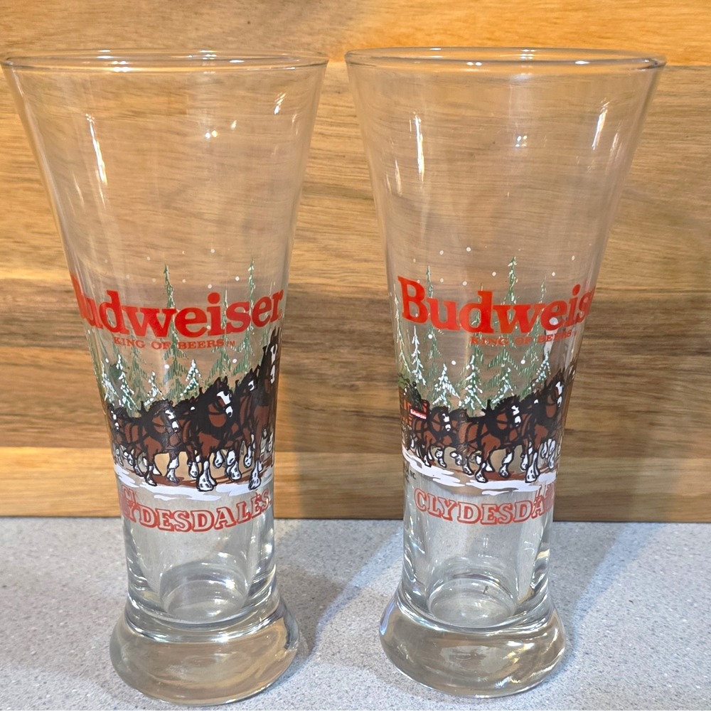 Vintage 1989 Budweiser Beer Glasses Christmas Holiday Snow Clydesdale